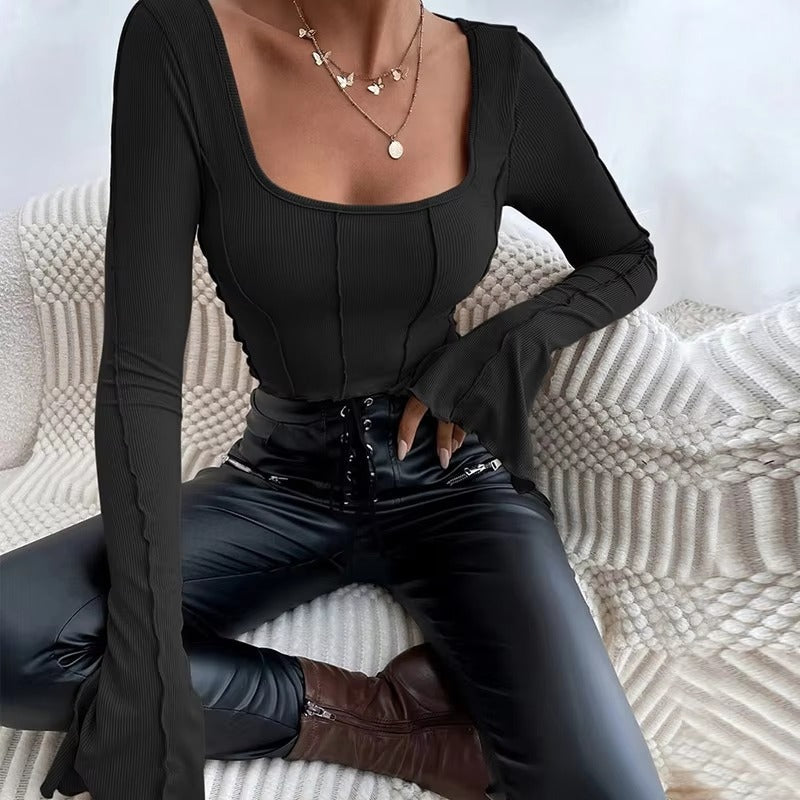 Casual Long Flare Sleeve Knitted Backless Streetwear Bandage Crop Top Mssza