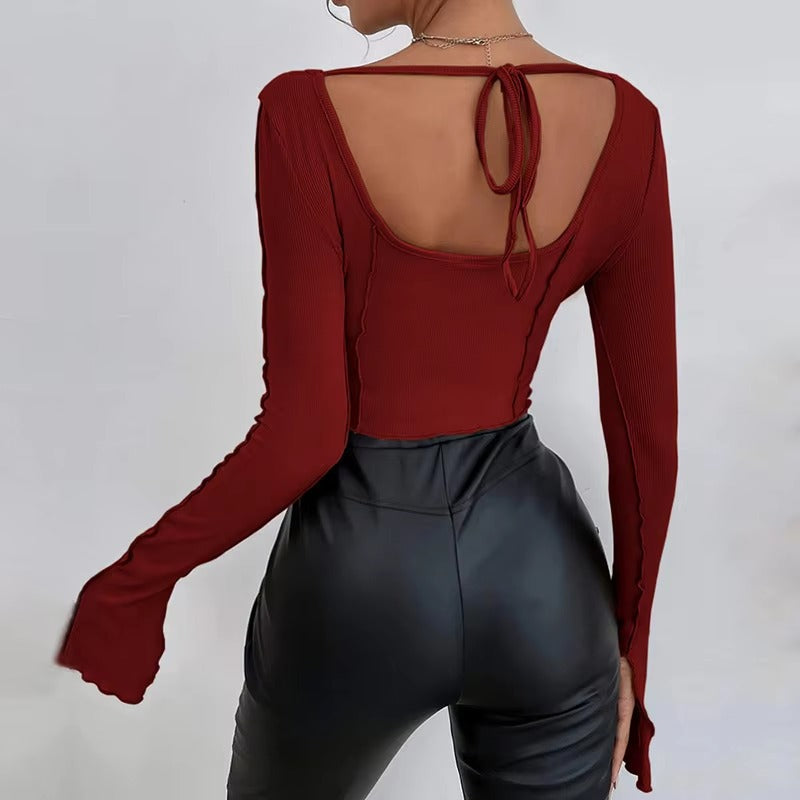 Casual Long Flare Sleeve Knitted Backless Streetwear Bandage Crop Top Mssza