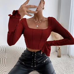Casual Long Flare Sleeve Knitted Backless Streetwear Bandage Crop Top Mssza