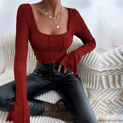 Casual Long Flare Sleeve Knitted Backless Streetwear Bandage Crop Top Mssza