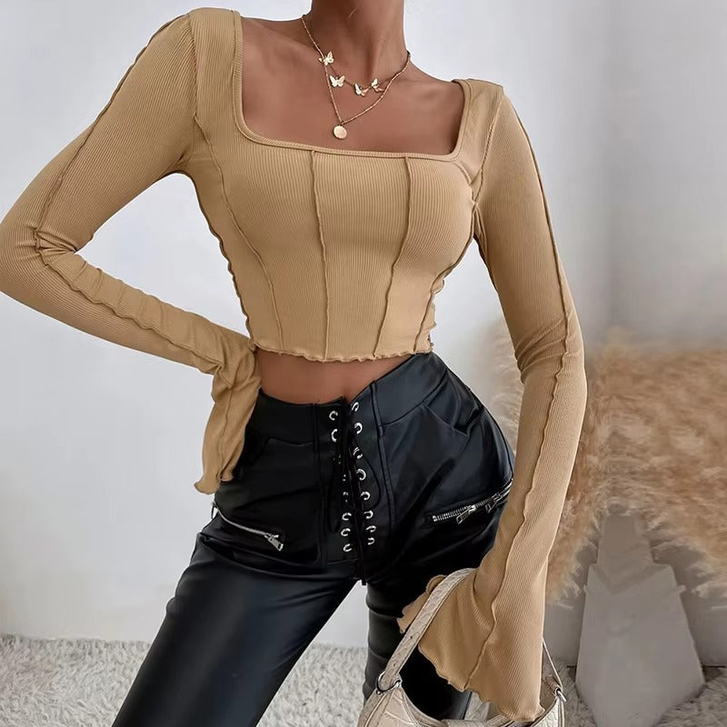 Casual Long Flare Sleeve Knitted Backless Streetwear Bandage Crop Top Mssza