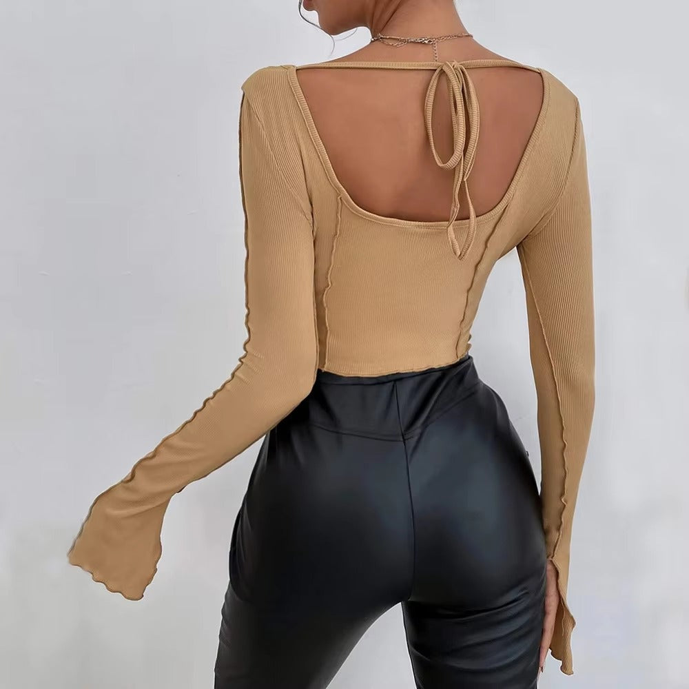 Casual Long Flare Sleeve Knitted Backless Streetwear Bandage Crop Top Mssza