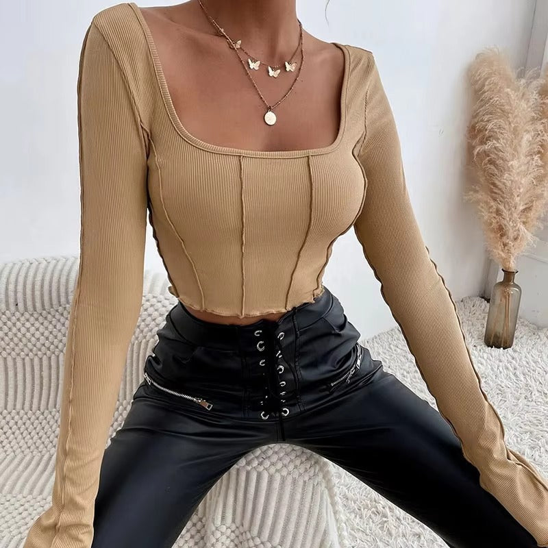 Casual Long Flare Sleeve Knitted Backless Streetwear Bandage Crop Top Mssza