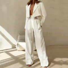 Casual Long Sleeve Lapel High Waist Jackets And Cut Out Lace Up Loose Pants 2 Piece Set Mssza