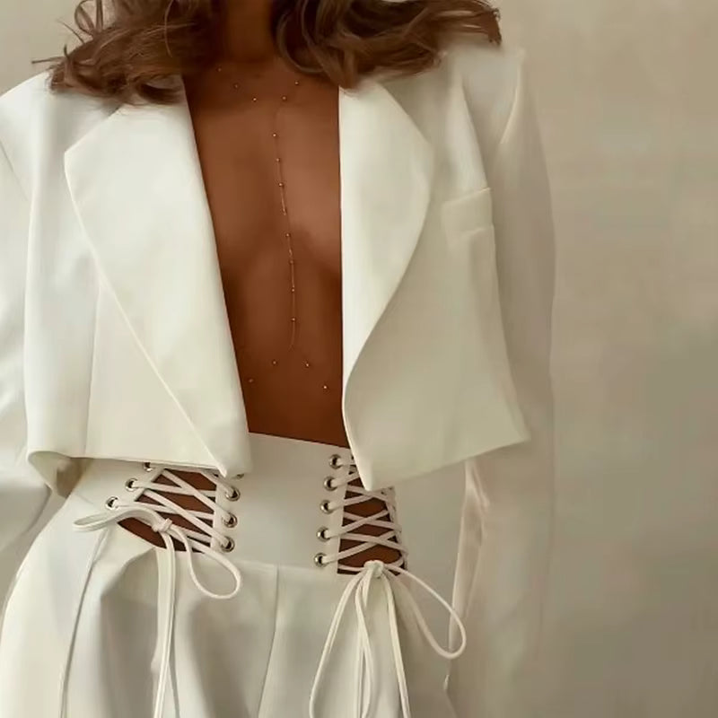 Casual Long Sleeve Lapel High Waist Jackets And Cut Out Lace Up Loose Pants 2 Piece Set Mssza