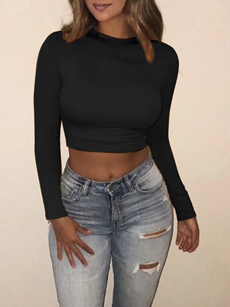 Casual Long Sleeve O-neck High Stretch Sport Yoga Solid Crop Tops Mssza