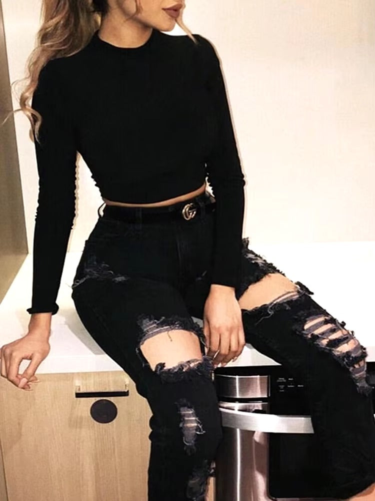 Casual Long Sleeve O-neck High Stretch Sport Yoga Solid Crop Tops Mssza
