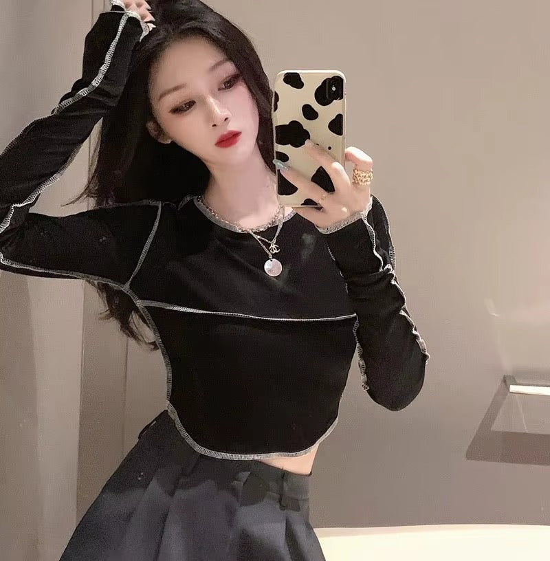Casual Long Sleeve O-neck Skinny All-match Design Tops Mssza