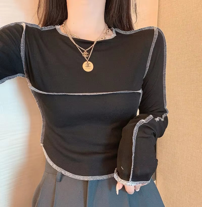 Casual Long Sleeve O-neck Skinny All-match Design Tops Mssza