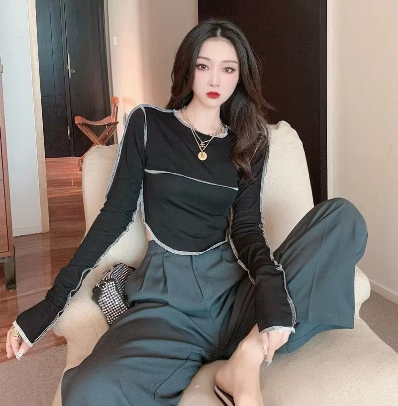 Casual Long Sleeve O-neck Skinny All-match Design Tops Mssza