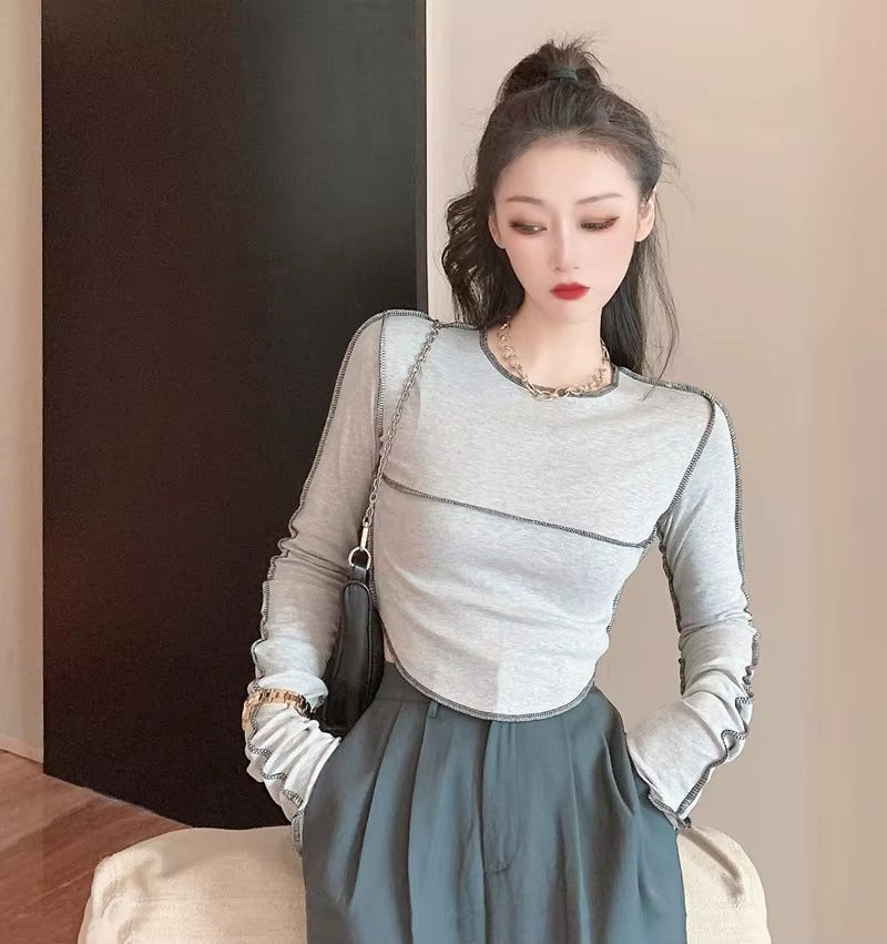 Casual Long Sleeve O-neck Skinny All-match Design Tops Mssza