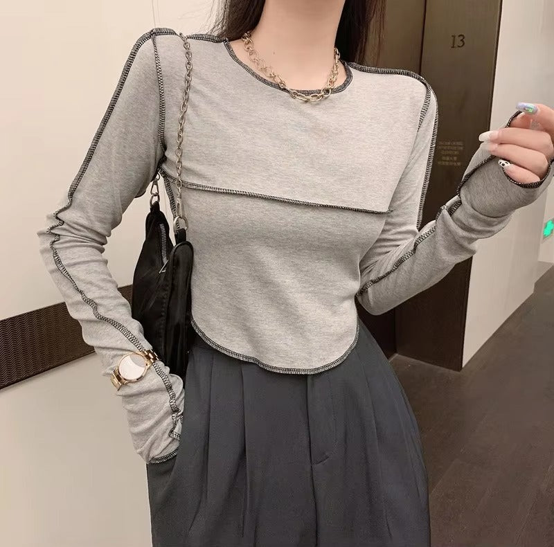 Casual Long Sleeve O-neck Skinny All-match Design Tops Mssza