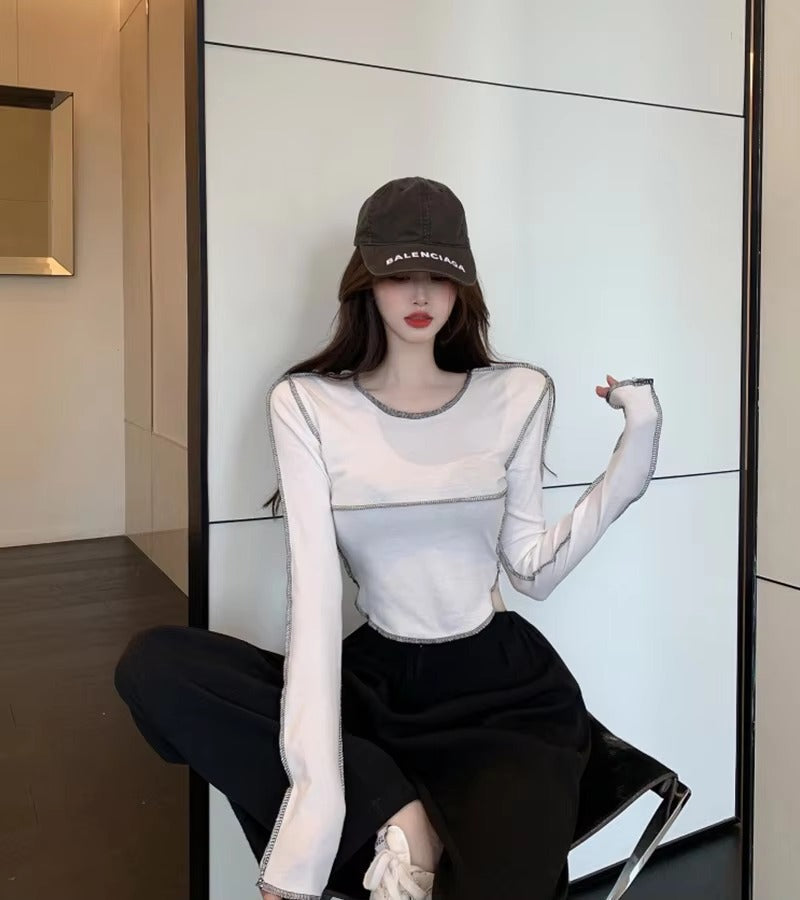 Casual Long Sleeve O-neck Skinny All-match Design Tops Mssza