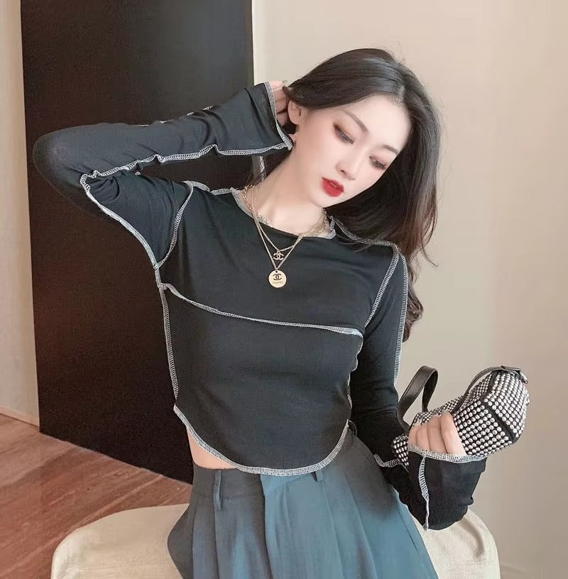 Casual Long Sleeve O-neck Skinny All-match Design Tops Mssza