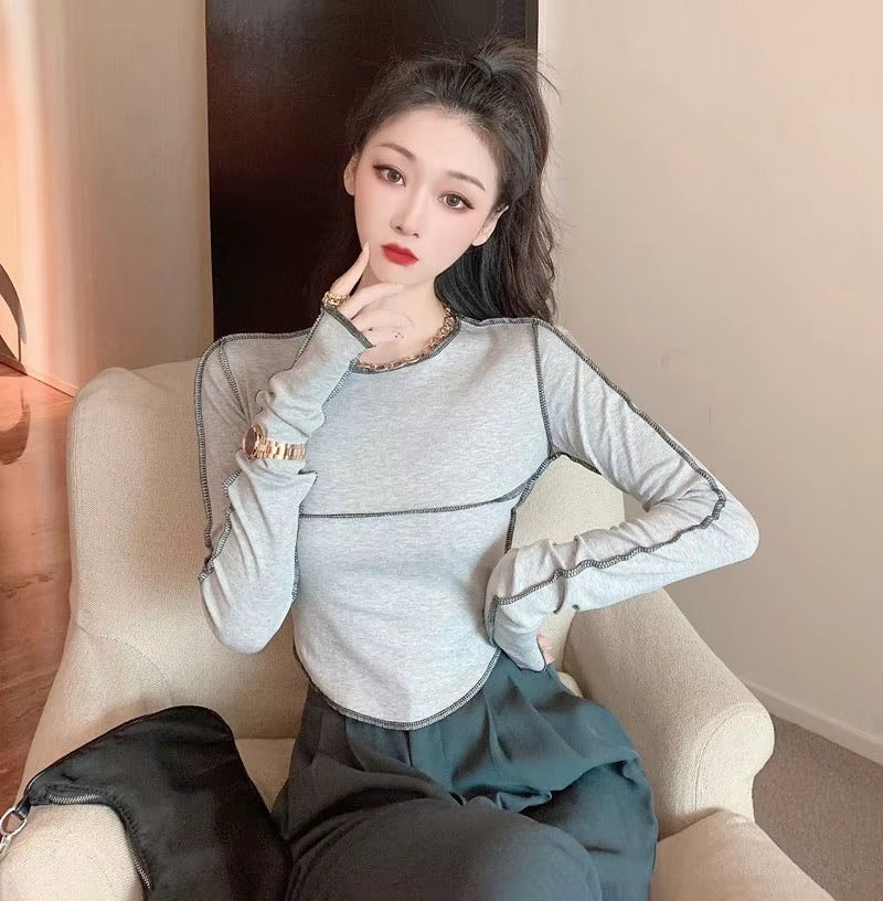 Casual Long Sleeve O-neck Skinny All-match Design Tops Mssza