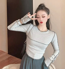 Casual Long Sleeve O-neck Skinny All-match Design Tops Mssza