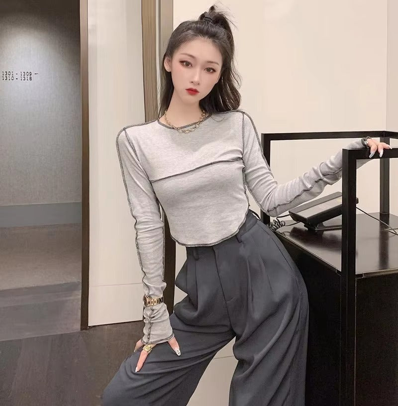 Casual Long Sleeve O-neck Skinny All-match Design Tops Mssza