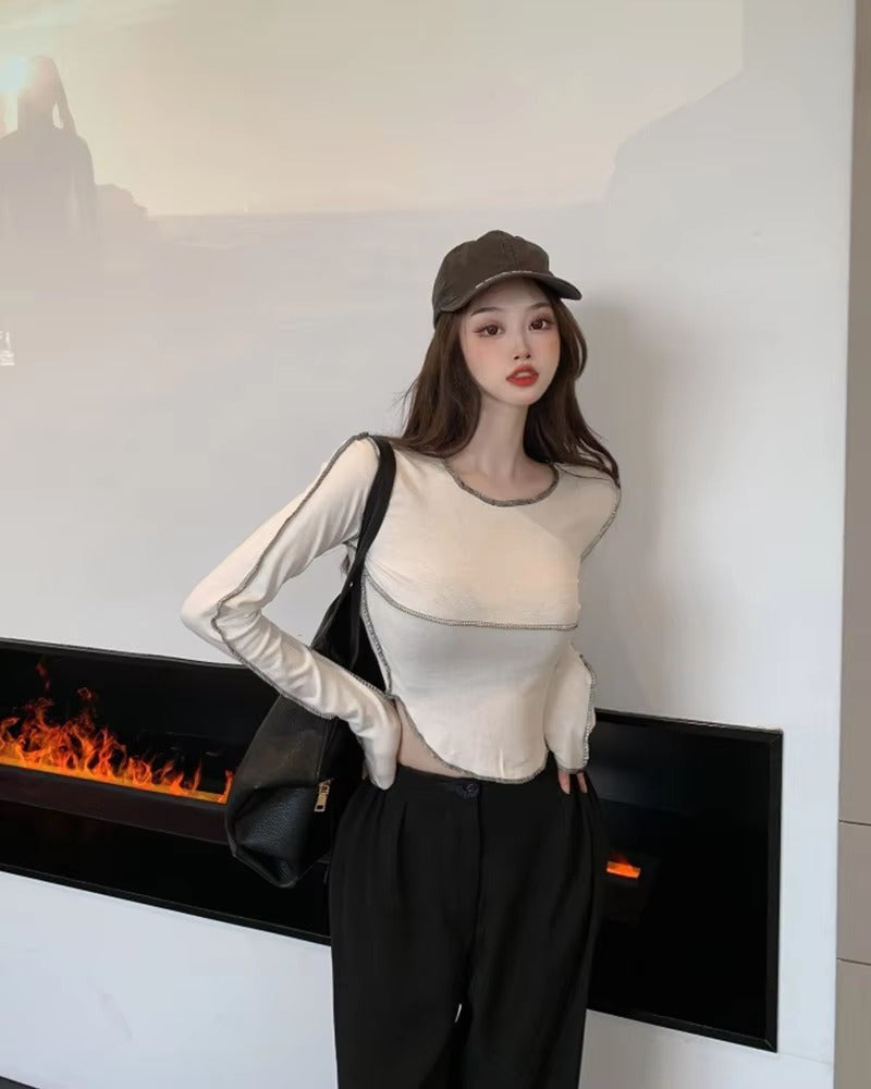 Casual Long Sleeve O-neck Skinny All-match Design Tops Mssza
