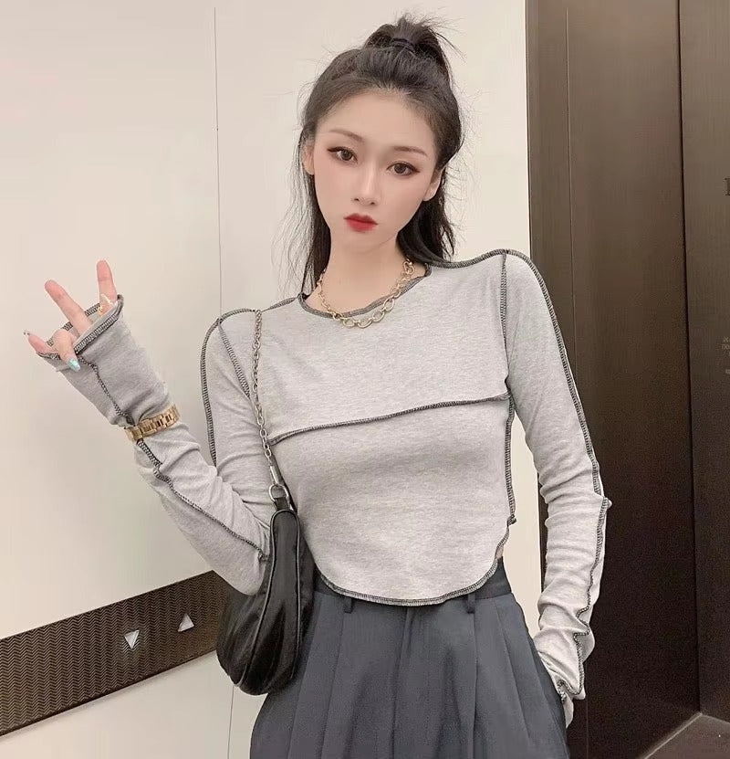 Casual Long Sleeve O-neck Skinny All-match Design Tops Mssza