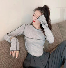 Casual Long Sleeve O-neck Skinny All-match Design Tops Mssza