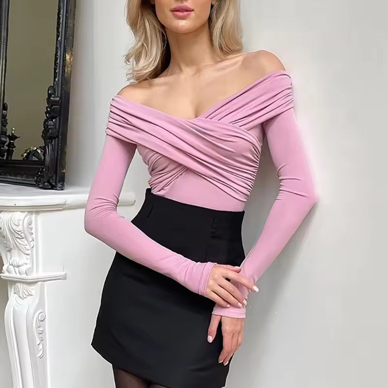 Casual Long Sleeve Off Shoulder Crossed Folds Skinny Bodysuits Mssza