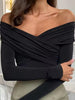 Casual Long Sleeve Off Shoulder Crossed Folds Skinny Bodysuits Mssza