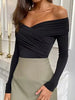 Casual Long Sleeve Off Shoulder Crossed Folds Skinny Bodysuits Mssza