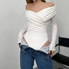 Casual Long Sleeve Off Shoulder Crossed Folds Skinny Bodysuits Mssza