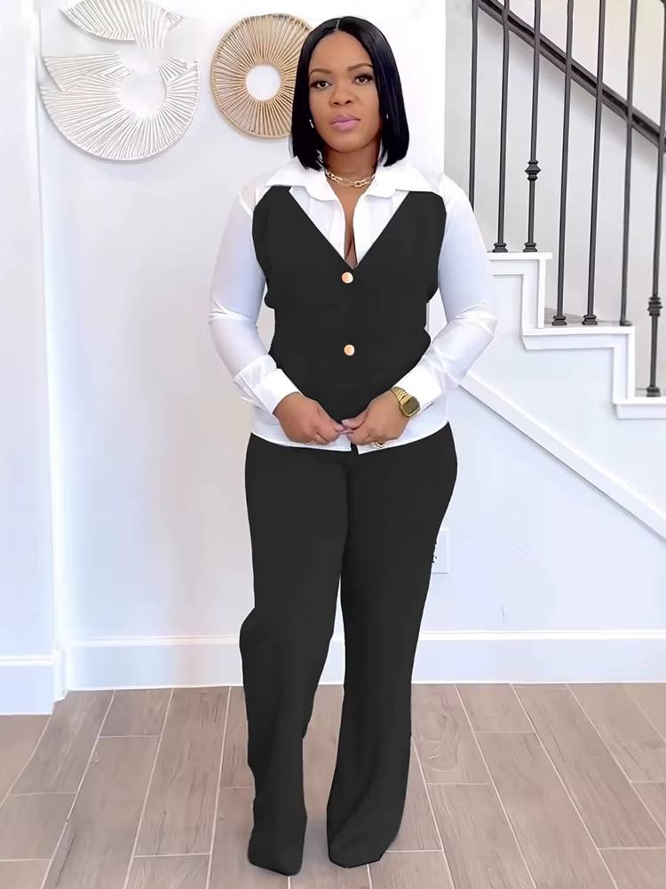 Casual Long Sleeve Patchwork Vest Shirt and Straight Pants Two 2 Piece Sets Mssza
