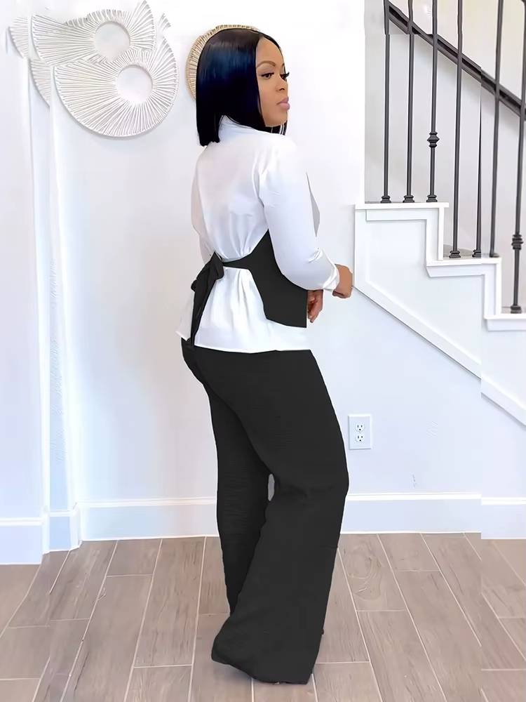 Casual Long Sleeve Patchwork Vest Shirt and Straight Pants Two 2 Piece Sets Mssza