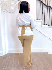 Casual Long Sleeve Patchwork Vest Shirt and Straight Pants Two 2 Piece Sets Mssza