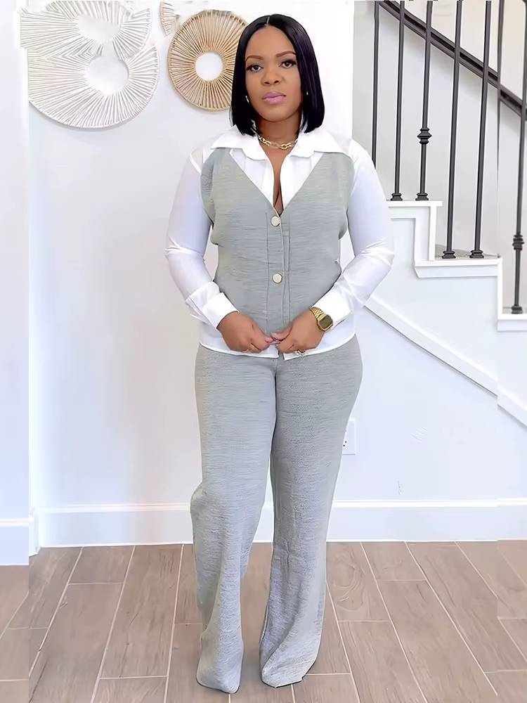 Casual Long Sleeve Patchwork Vest Shirt and Straight Pants Two 2 Piece Sets Mssza