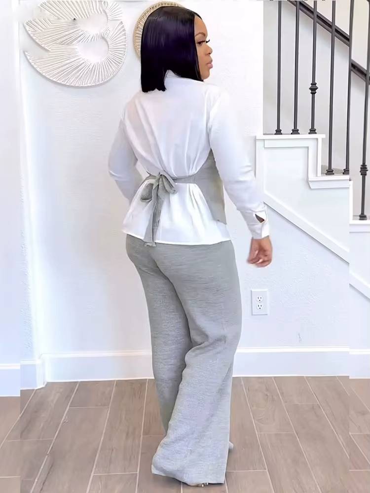 Casual Long Sleeve Patchwork Vest Shirt and Straight Pants Two 2 Piece Sets Mssza