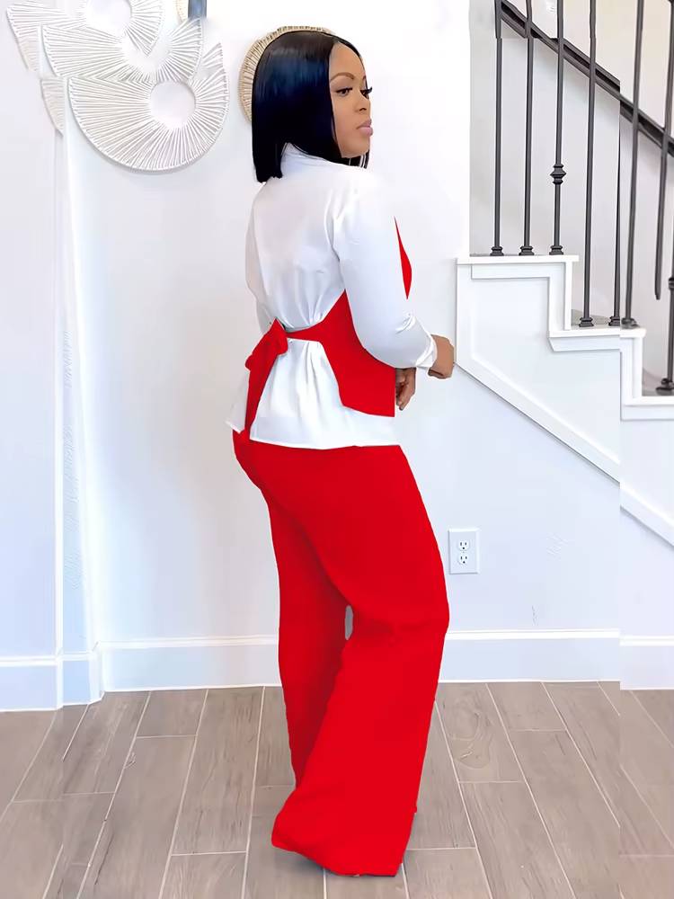 Casual Long Sleeve Patchwork Vest Shirt and Straight Pants Two 2 Piece Sets Mssza