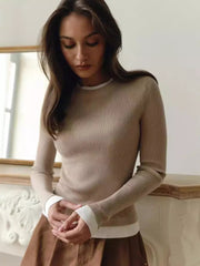 Casual Long Sleeve Rib-knit Sweater Contrasting Edges Tops Mssza