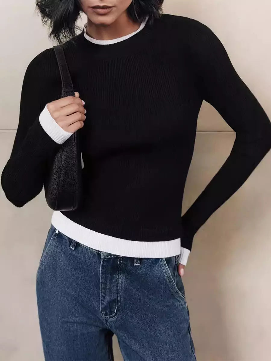 Casual Long Sleeve Rib-knit Sweater Contrasting Edges Tops Mssza