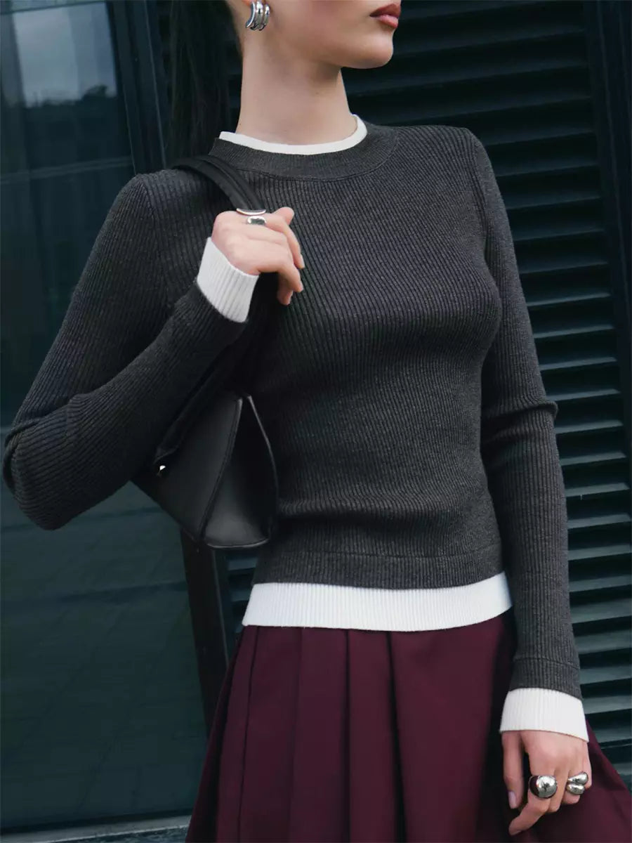 Casual Long Sleeve Rib-knit Sweater Contrasting Edges Tops Mssza