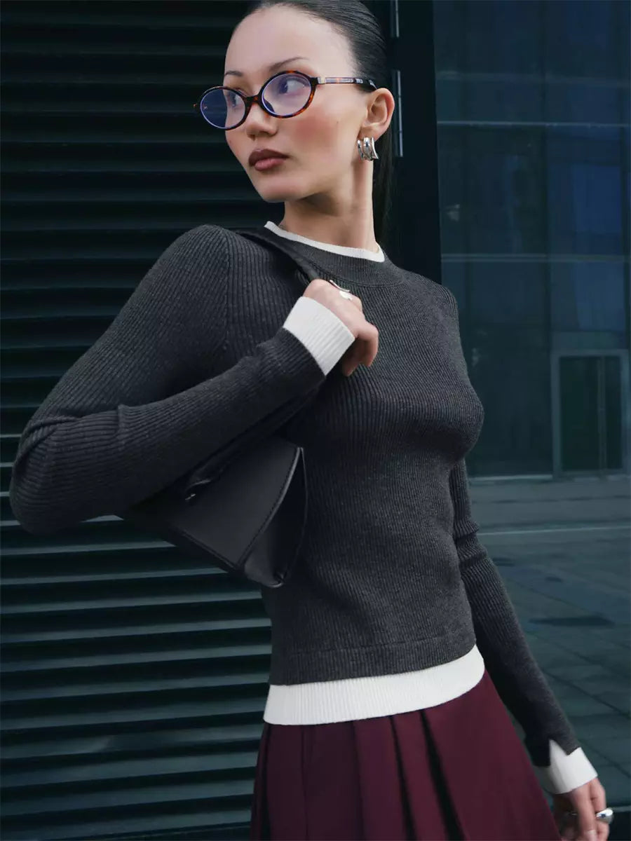 Casual Long Sleeve Rib-knit Sweater Contrasting Edges Tops Mssza