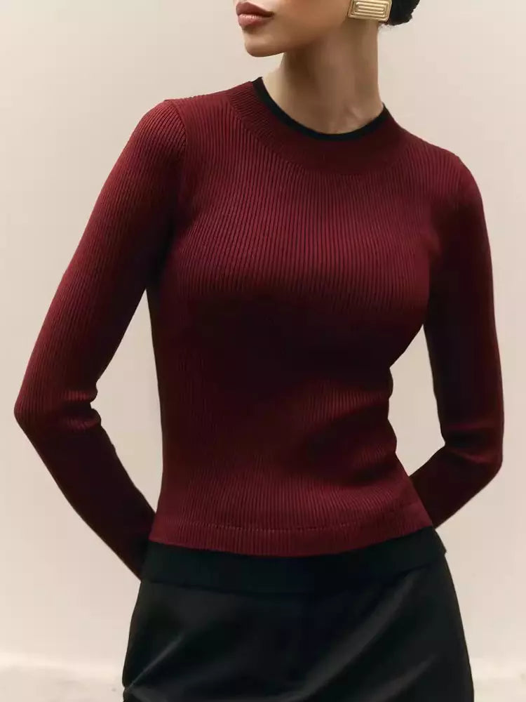 Casual Long Sleeve Rib-knit Sweater Contrasting Edges Tops Mssza