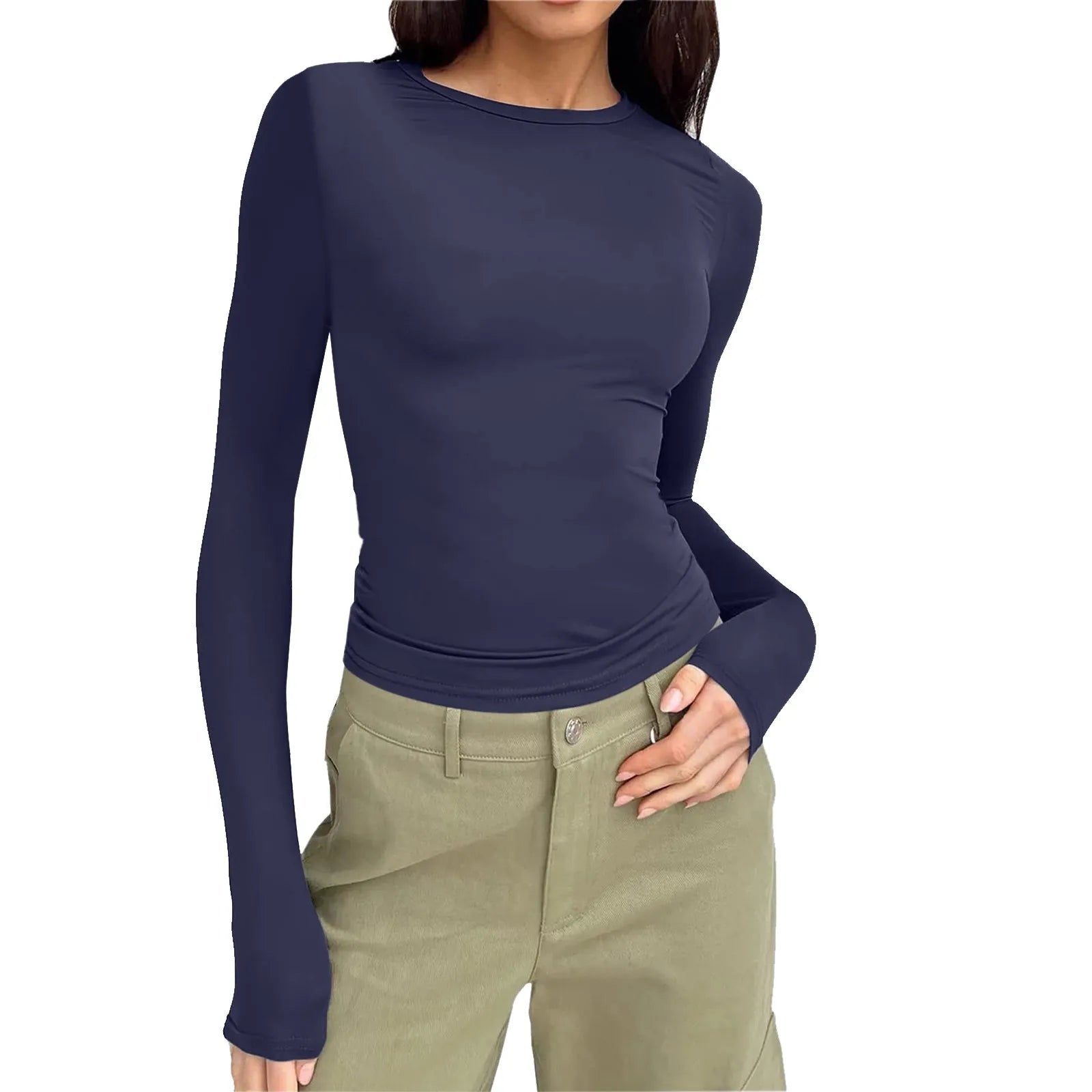 Casual Long Sleeve Round Neck Tight Slim Fitting Cropped T Shirt Mssza