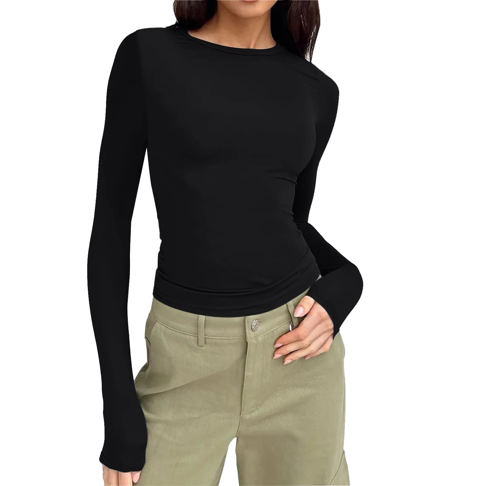Casual Long Sleeve Round Neck Tight Slim Fitting Cropped T Shirt Mssza