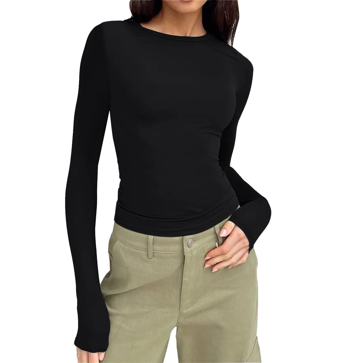 Casual Long Sleeve Round Neck Tight Slim Fitting Cropped T Shirt Mssza