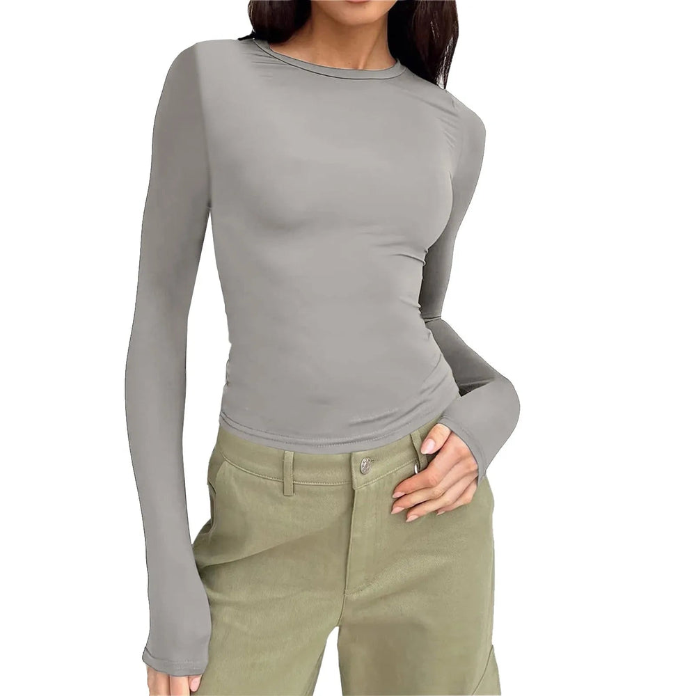 Casual Long Sleeve Round Neck Tight Slim Fitting Cropped T Shirt Mssza