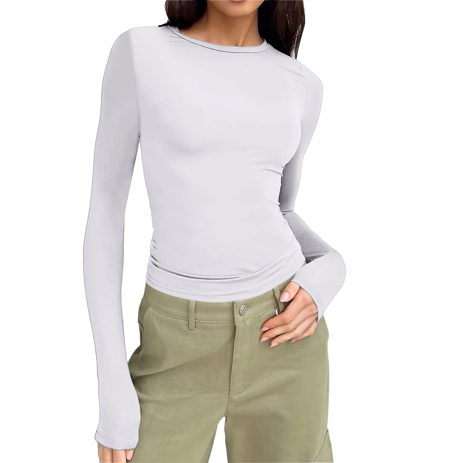 Casual Long Sleeve Round Neck Tight Slim Fitting Cropped T Shirt Mssza