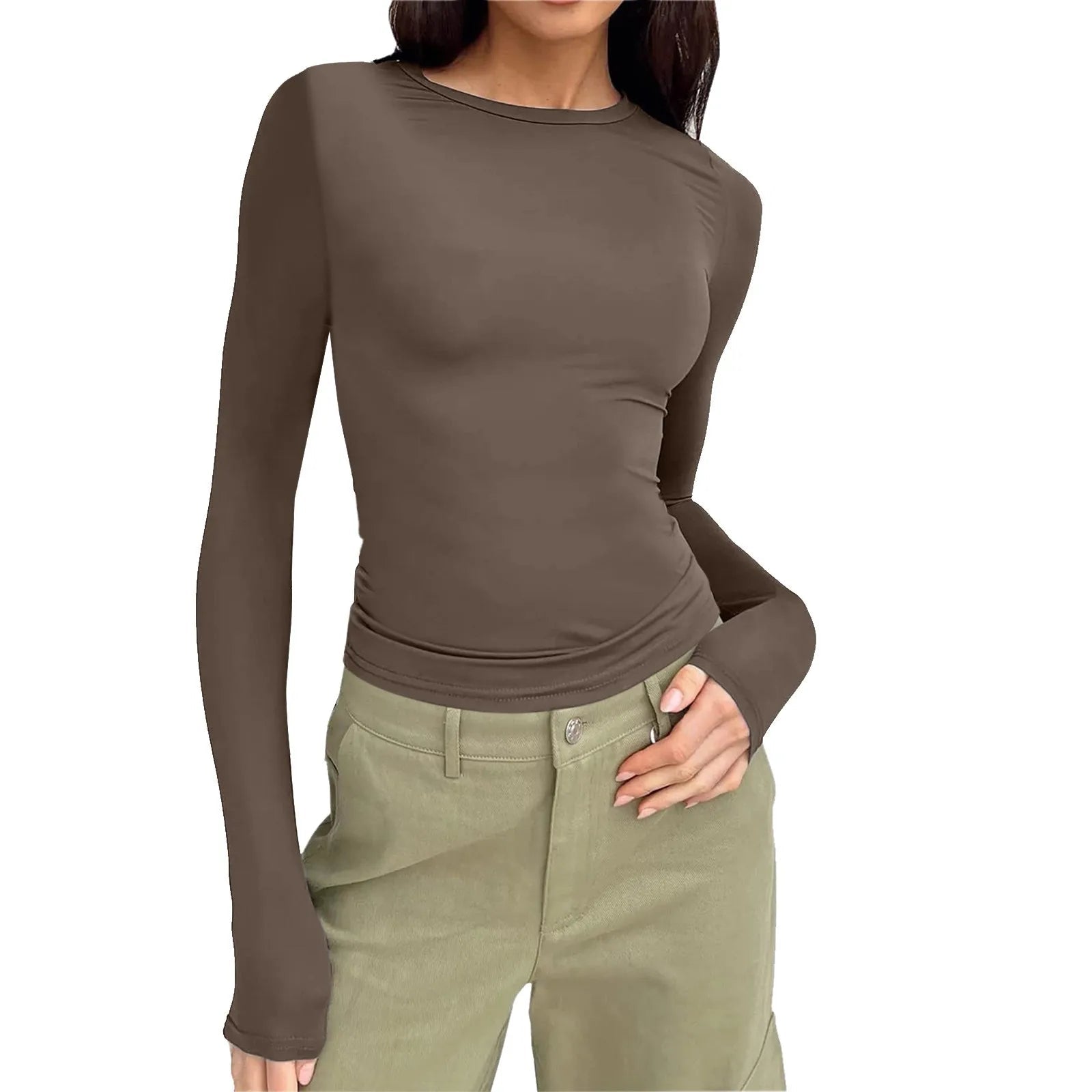 Casual Long Sleeve Round Neck Tight Slim Fitting Cropped T Shirt Mssza