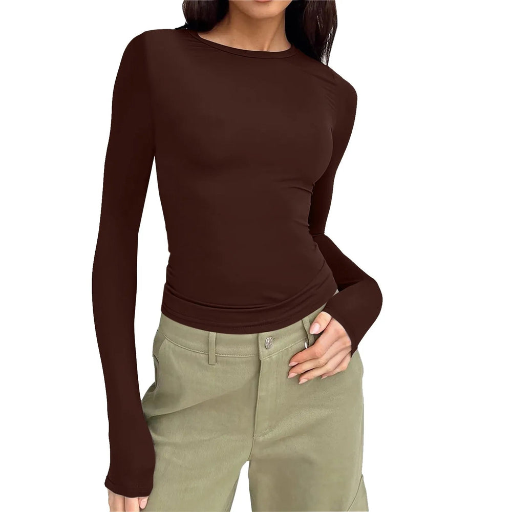 Casual Long Sleeve Round Neck Tight Slim Fitting Cropped T Shirt Mssza