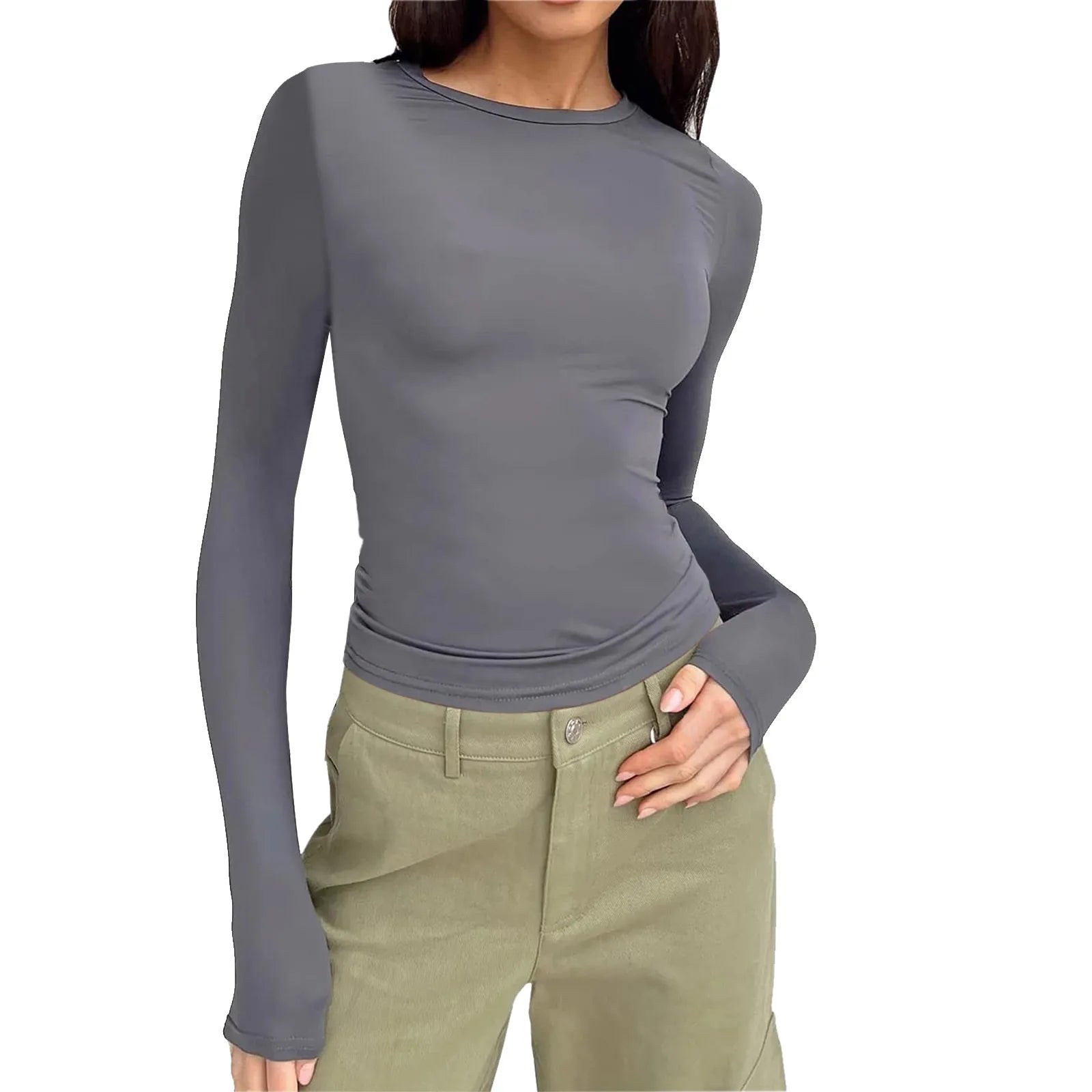 Casual Long Sleeve Round Neck Tight Slim Fitting Cropped T Shirt Mssza