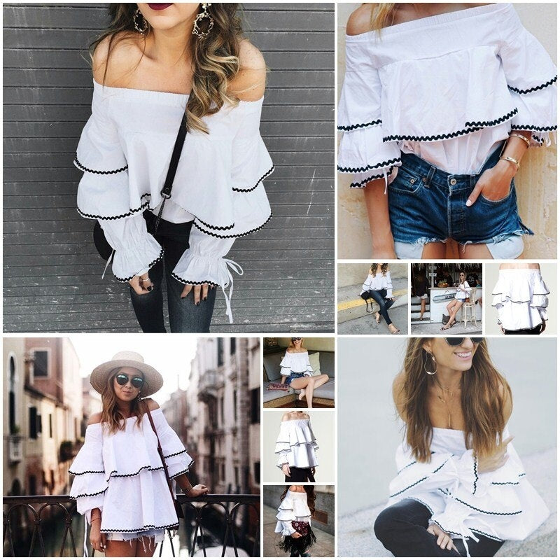 Casual Long Sleeve Ruffle Elastic Cool Shoulder Tops Mssza