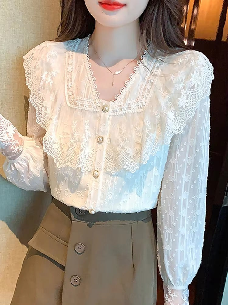 Casual Long Sleeve Ruffles V-Neck Lace Blouse Shirt Mssza