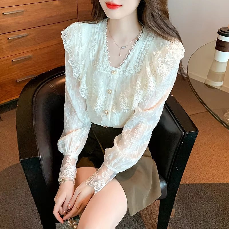 Casual Long Sleeve Ruffles V-Neck Lace Blouse Shirt Mssza